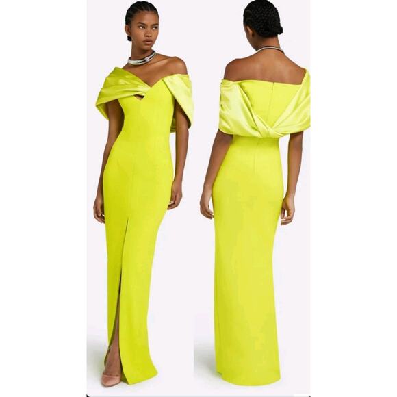NWT $2230 Safiyaa Abra crêpe and satin gowncape-effect Sz S neon Green Cocktail - Picture 1 of 16